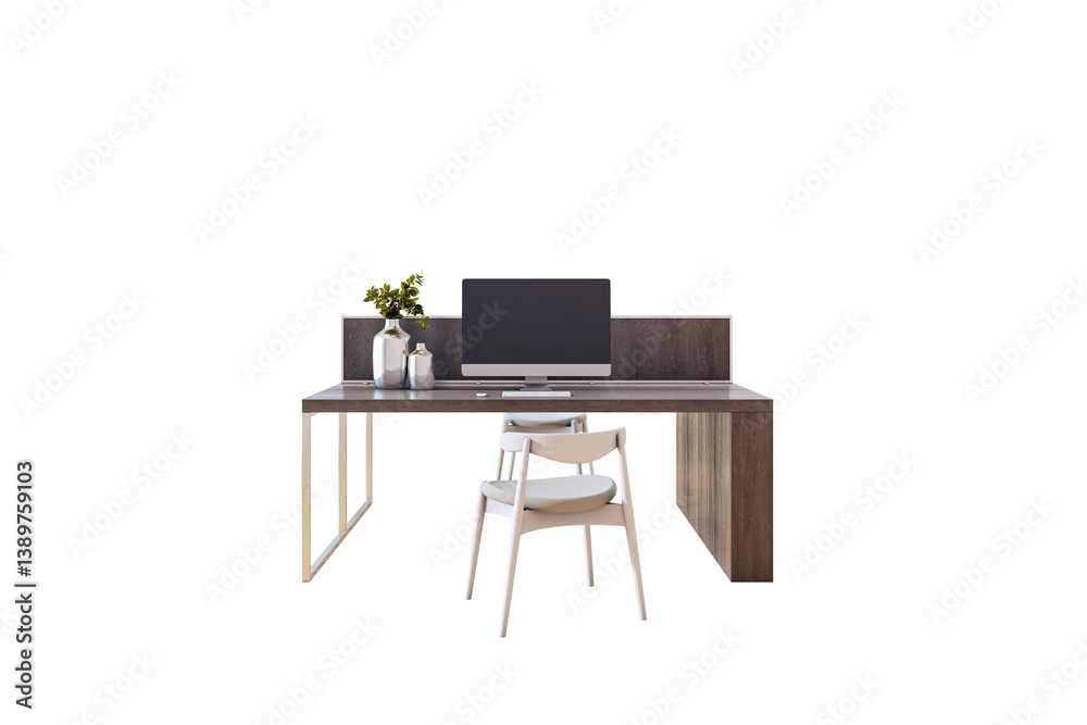 Poster contemporary office desk with computer, chair, and vases isolated on white background, clean minimal