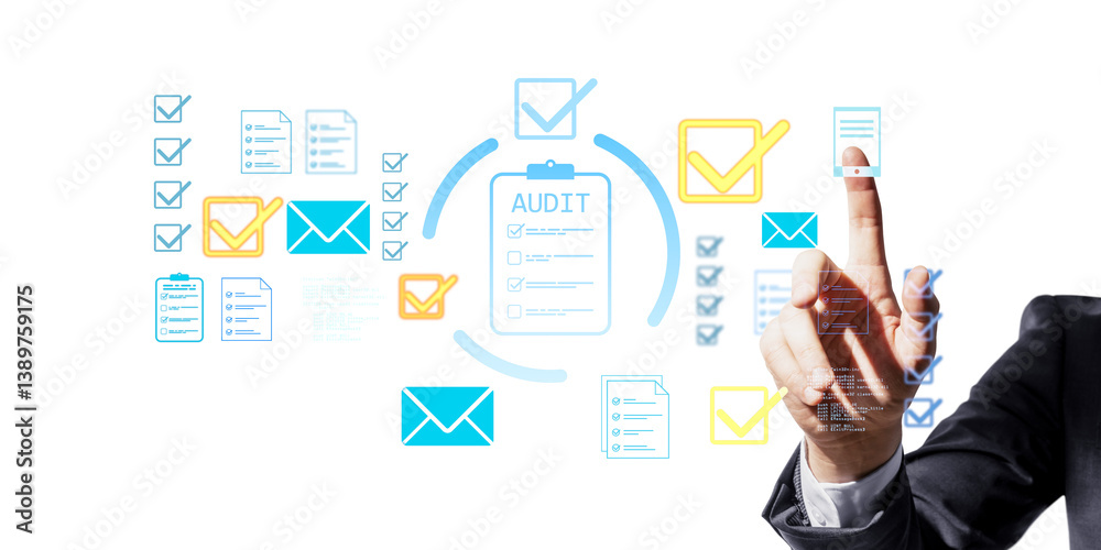 Poster businessperson pointing on virtual audit checklist with icons in clean digital style on white backgr