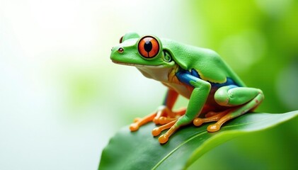 Naklejka premium Green tree frog perched on white, vibrant colors, white background, closeup