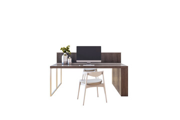 Contemporary office desk with computer, chair, and vases isolated on white background, clean minimal layout concept. 3D Rendering