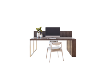 Contemporary office desk with computer, chair, and vases isolated on white background, clean minimal layout concept. 3D Rendering