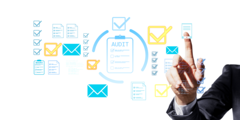 Businessperson pointing on virtual audit checklist with icons in clean digital style on white background, concept of business and technology