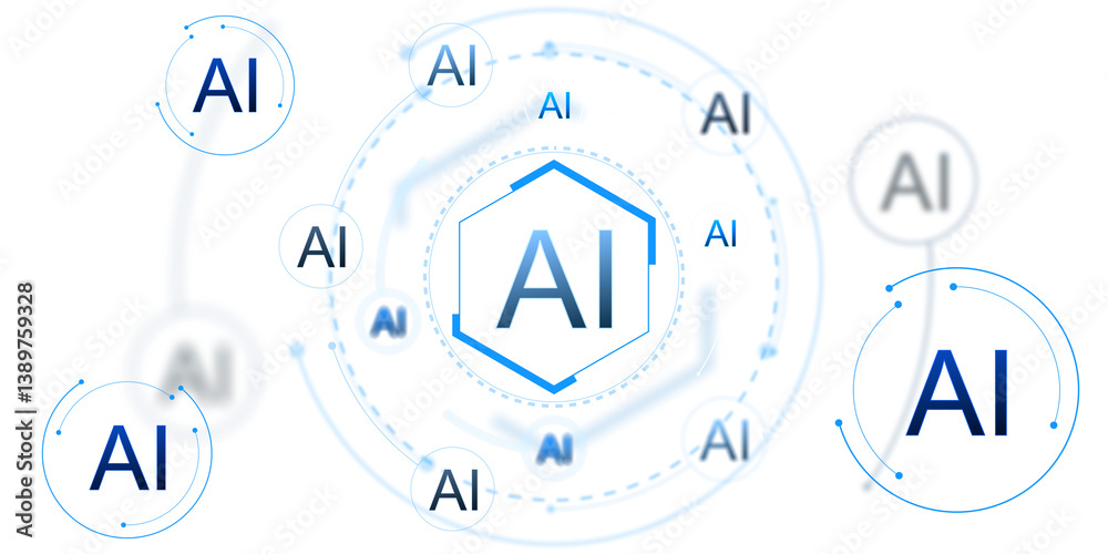 Aufkleber Digital AI symbol elements floating in circular patterns, futuristic tech concept, clean white background, representing artificial intelligence. 3D Rendering