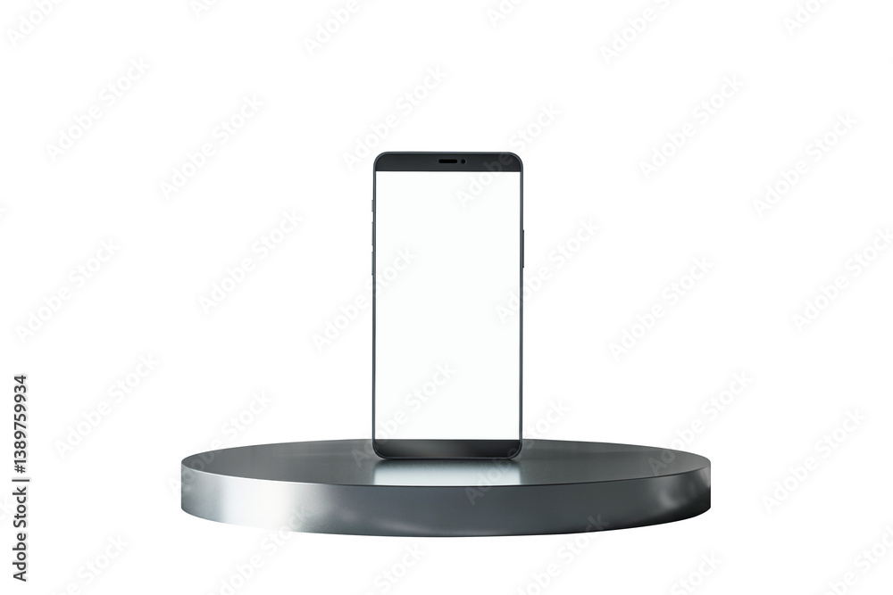 Aufkleber blank screen smartphone standing vertically on a sleek metallic podium, isolated on white background