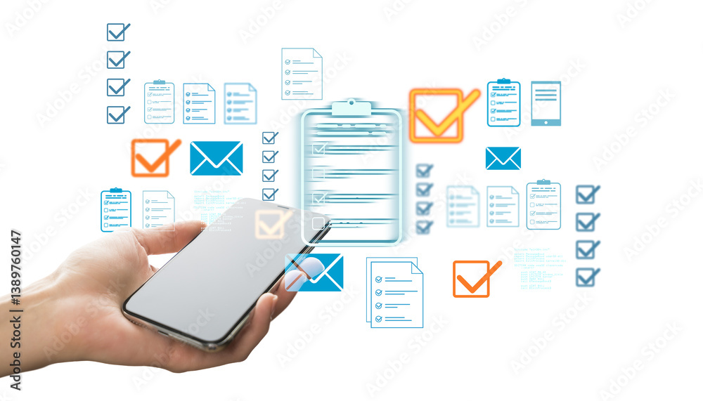 Poster Hand holding mobile phone with digital checklist icons, documents, and checkmarks in abstract layout on clean white background, concept of validation