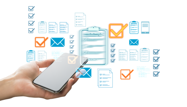 Hand holding mobile phone with digital checklist icons, documents, and checkmarks in abstract layout on clean white background, concept of validation