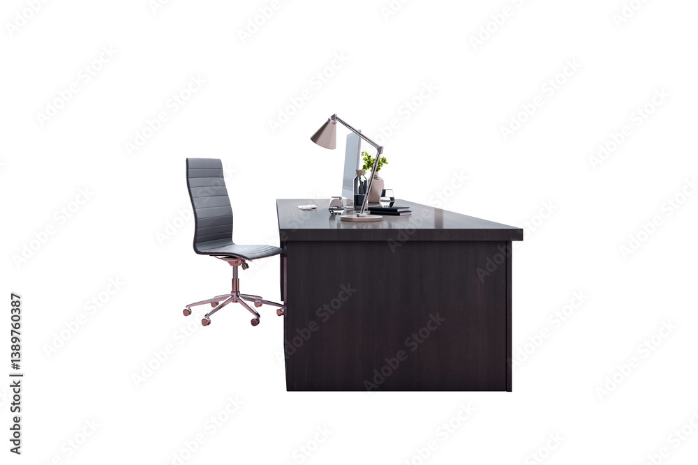 Poster office desk with computer, lamp, chair, and accessories isolated in clean layout on white background