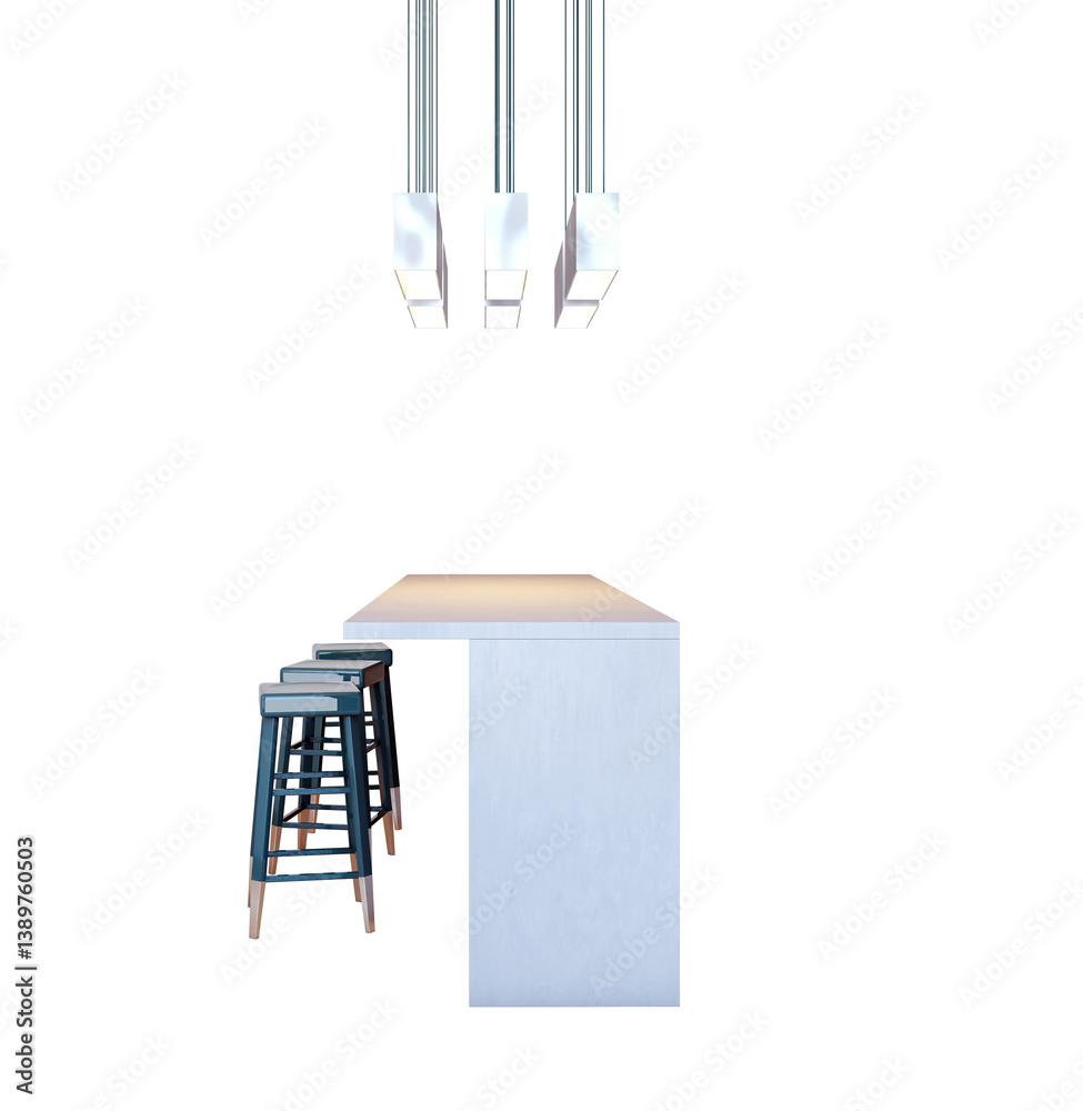 Poster Minimalist bar counter with three stools and ceiling pendant lights in modern design style, isolated on white background. 3D Rendering