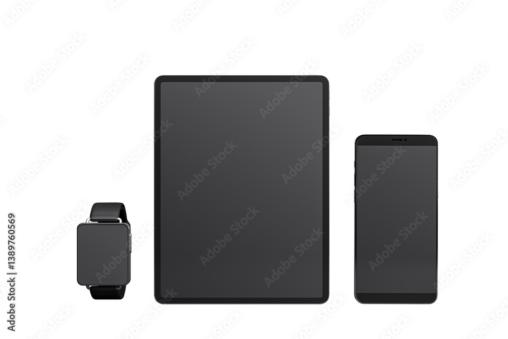 Poster empty black smartwatch, tablet, and smartphone devices arranged frontally on white background, clean