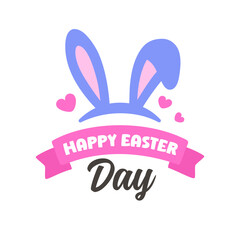 Happy Easter Day Sticker with Bunny Ears, Pink Ribbon, and Hearts