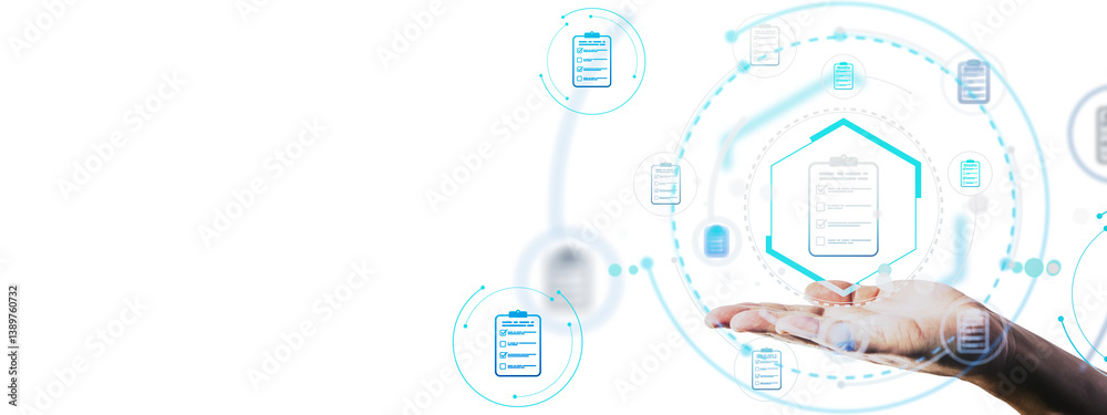 Poster hand holding digital checklist icons with circular interface overlays, light graphic style on white 