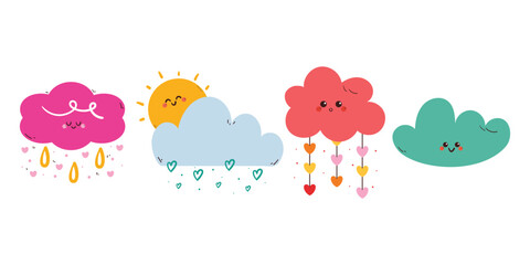 hand drawing cartoon clouds character design sticker set. cute sky element sticker, doodle set