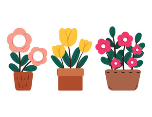 hand drawing cartoon flower pot and leaves sticker set. cute plant, doodle set
