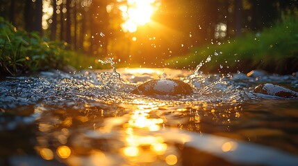 Beautiful Sunset over Stream with Water Splashing and Sunlight