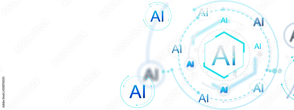 Fototapete Abstract AI symbols and neural network elements in futuristic layout, digital tech style on clean white background, concept of artificial intelligence. 3D Rendering