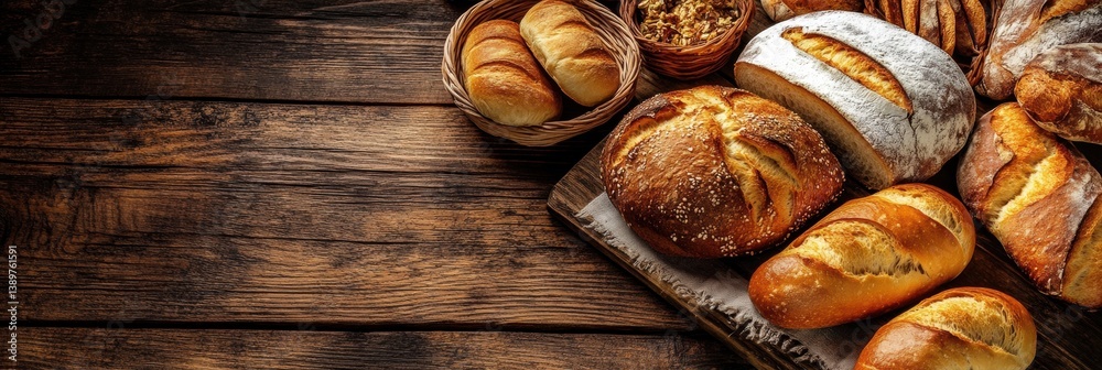 Aufkleber rustic wooden table adorned with fresh golden-brown bread and warm pastries in a cozy ambient settin