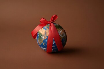 An Earth Globe Wrapped with a Red Ribbon and Bow