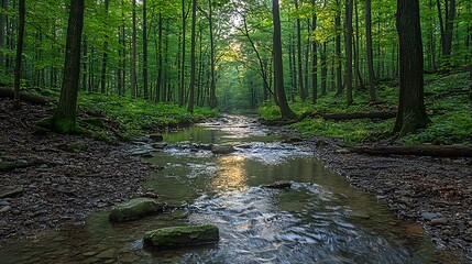 Fototapeta premium Tranquil Stream Flowing Through Lush Green Forest at Sunrise