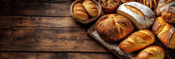 Rustic wooden table adorned with fresh golden-brown bread and warm pastries in a cozy ambient setting