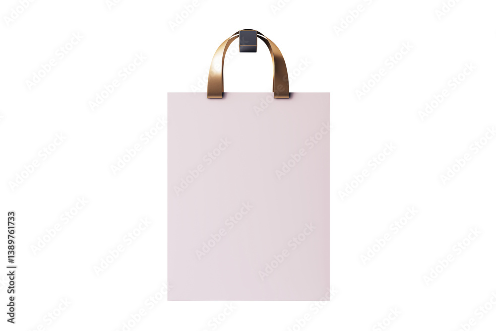 Poster minimalistic shopping bag mockup with metallic golden handles isolated on white background, ideal fo