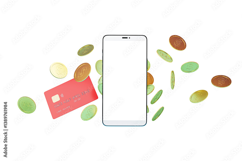 Aufkleber smartphone mockup with empty screen, red credit card, floating colorful coins, clean isolated white 