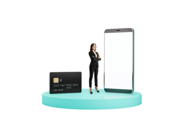 Businesswoman in formal suit with smartphone and credit card on a turquoise stand, isolated on white background, representing mobile banking concept