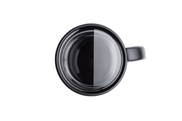 Black mug half filled coffee top view minimalist clean background simple design