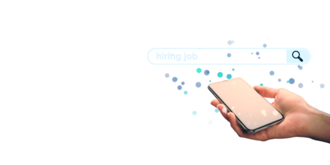 Hand holding smartphone with job search bar, clean modern style, isolated on white background. Concept of online job searching and career