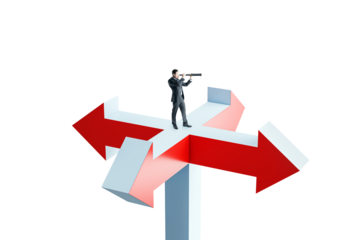 Businessman looking through telescope while standing on intersecting red arrows, isolated on white background, representing future vision