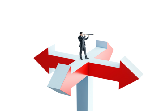 Businessman looking through telescope while standing on intersecting red arrows, isolated on white background, representing future vision