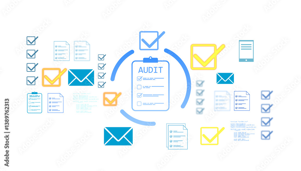 Poster Audit checklist icons with checkmarks, email, documents, and digital interface symbols in modern graphic style on white transparent background. 3D Rendering