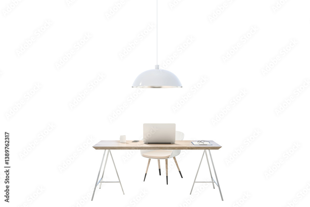 Poster office desk with laptop, chair, and pendant lamp in minimalist layout isolated on white background. 