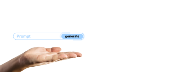 Human hand holding a digital search bar labeled prompt and generate, light style, isolated on white background, concept of technology display