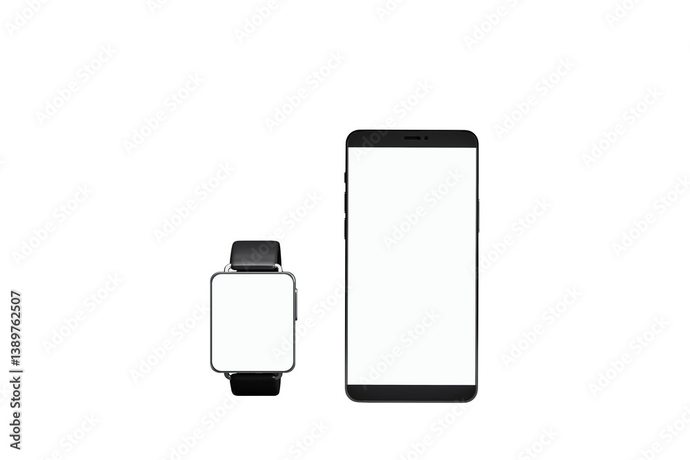 Poster Smartwatch and smartphone mockup with blank screens, clean modern layout, isolated on white background. Concept for branding and design. 3D Rendering
