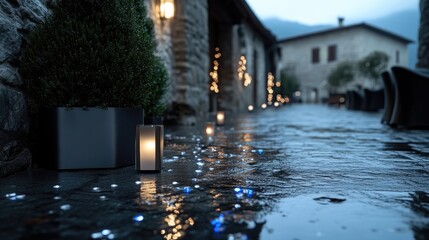 Charming outdoor pathway at dusk, illuminated by warm candlelight and twinkling lights.  Small potted plants add a touch of greenery.  A wet stone surface reflects the lights