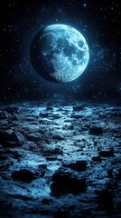 The moonlight casts a serene glow on the rugged terrain of the lunar surface. Stars twinkle in the background, creating a tranquil cosmic atmosphere