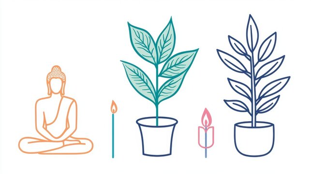 The icon set for a mindfulness app features hand-drawn illustrations of different meditation postures, including sitting, lying down, and walking, with a calming and organic aesthetic