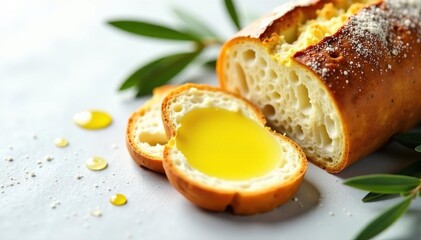 Artisanal bread & olive oil on white, rustic vibe , food, gourmet, mediterranean