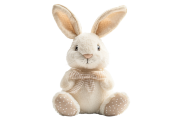 Adorable cream bunny rabbit plush toy perfect Easter gift soft fur beige bow spotty paws white