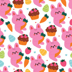 seamless pattern cute cartoon bunny with chocolate cupcake and easter eggs. cute wallpaper and background