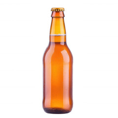 Amber beer bottle, isolated on a white background, showcasing its refreshing contents and classic design.