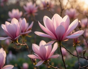 Fototapeta premium A vibrant cluster of delicate pink flowers blooms under the warm sunlight, their petals glistening with dew. The lush green leaves provide a beautiful contrast, enhancing their vivid colors.