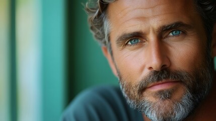 Portrait of attractive mature man showing facial hair and blue eyes