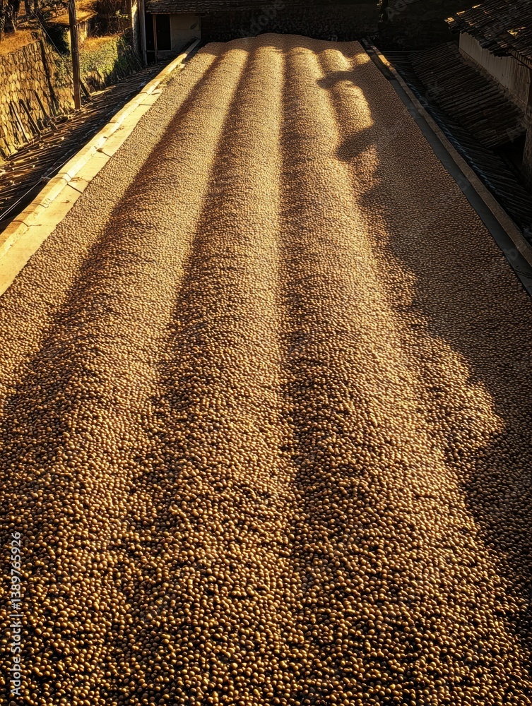 Poster golden coffee beans spread across a drying patio under soft sunlight showcasing geometric patterns a