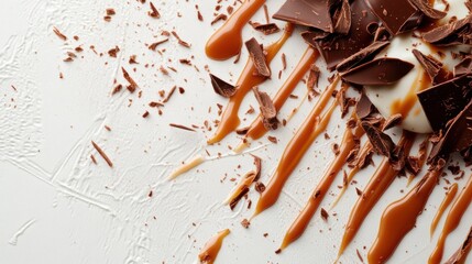 Decadent dessert creation featuring chocolate and caramel drizzled on a white plate