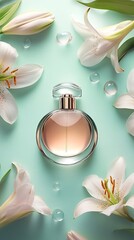 Luxury round bottle of women’s perfume surrounded by garden lilies on pastel background