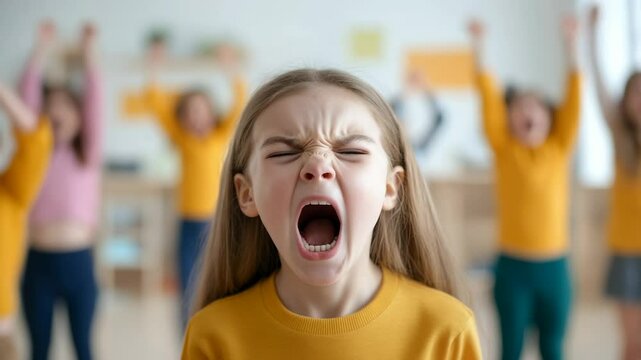 Group of children expressing excitement with one girl prominently shouting in a classroom setting, school bullying, shaming