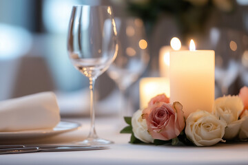 Obraz premium Dinner Date Table Setting. Elegant table setting with candlelight and roses, ideal for romantic dinners or wedding events.
