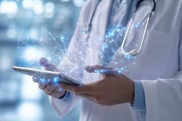 Doctor with Holographic Technology. Doctor using digital tablet with holographic network. Ideal for medical innovation and technology-themed designs.