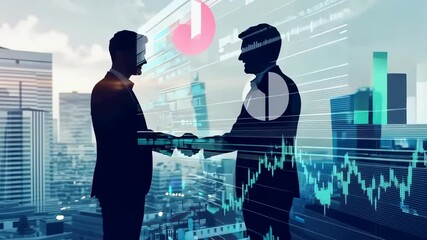 Two businessmen are silhouetted while shaking hands, overlaid with financial charts and graphs, set against a skyline of modern buildings, representing collaboration, investment, and urban commerce. - Powered by Adobe